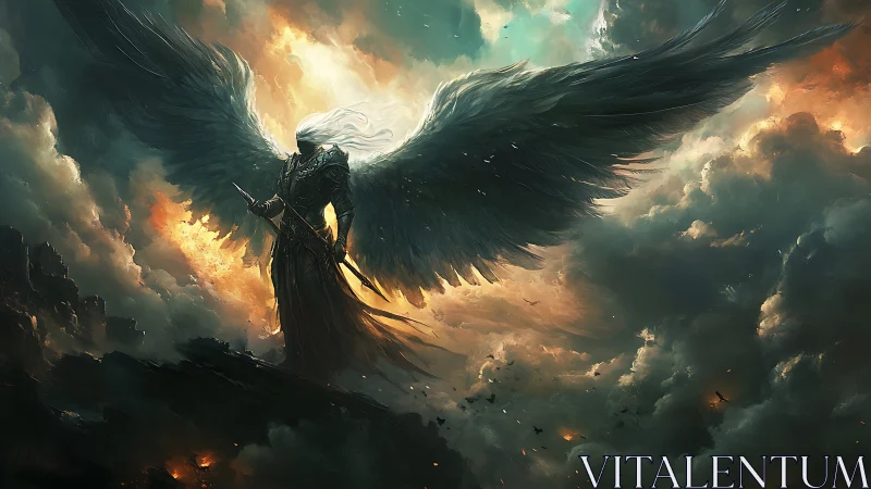 Armored dark angel spreads vast wings above storm clouds