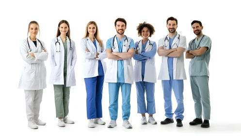 Confident medical dream team stands ready in crisp studio light