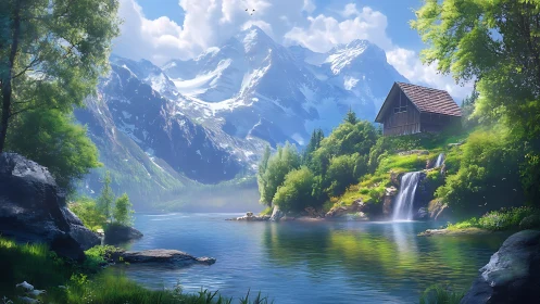 Quiet mountain cabin beside a gentle waterfall and lake.