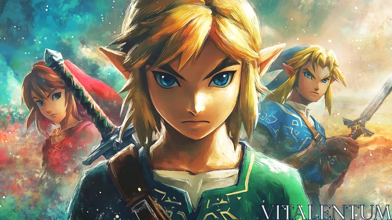 Triad of fantasy warriors in stylized illustrative portrait.