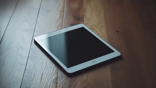 White tablet rests on weathered wooden planks in ambient light.