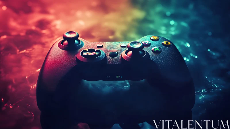 Gaming Controller Bathed in Neon Red and Cyan Digital Ambiance