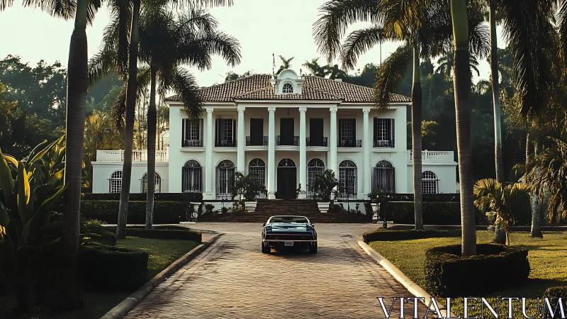Neoclassical tropical villa with palm-framed driveway approach.