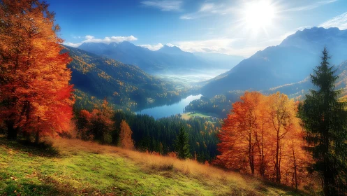 Sunlit autumn valley cradling a winding sapphire lake.