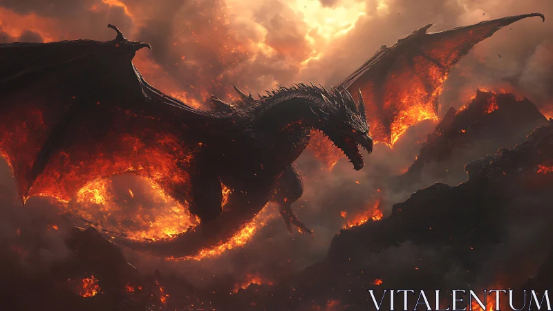 Fire dragon over erupting volcanic wasteland at dusk.