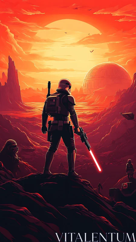 Armored trooper surveys lava canyon under colossal sun.