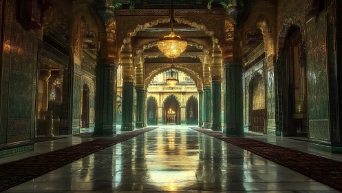 Opulent palace corridor glows under grand crystal chandeliers