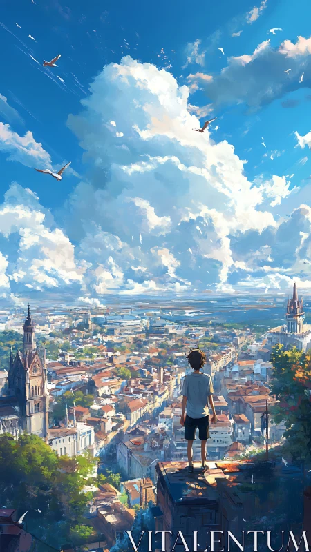 Figure observes expansive cityscape beneath cumulus sky