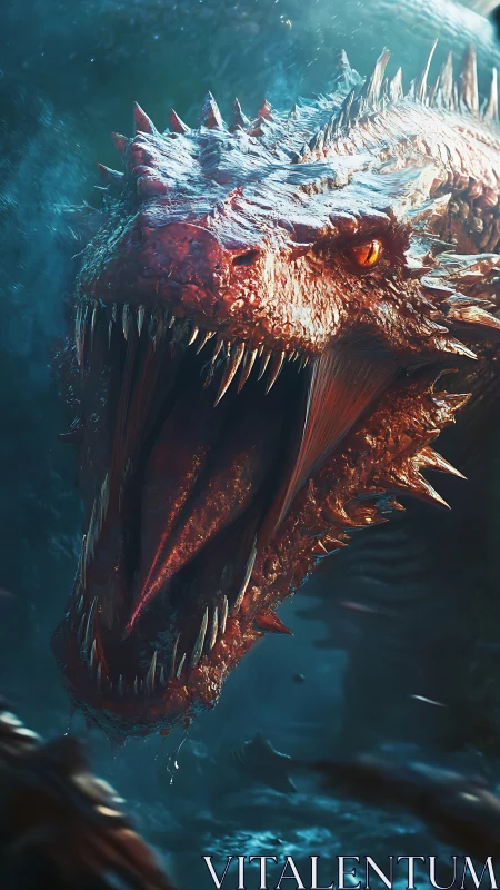 Massive aquatic dragon roars underwater with jaws wide open