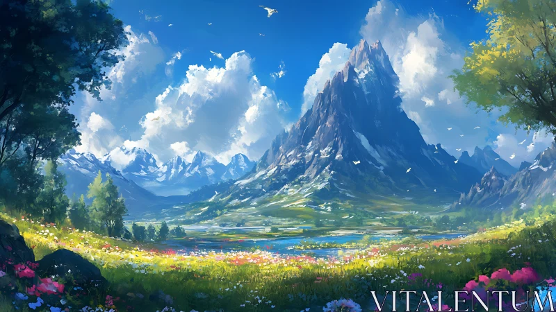 Mountain valley with wildflower meadow under clear sky.