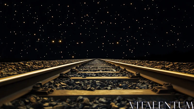 Railway tracks leading into a star filled night sky.