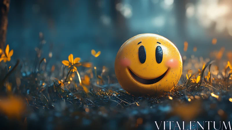 Smiley face sphere resting in dewy forest clearing.