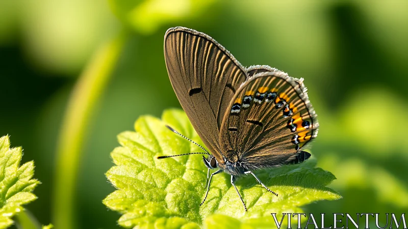 Sunlit brown butterfly rests gently on a fresh green leaf