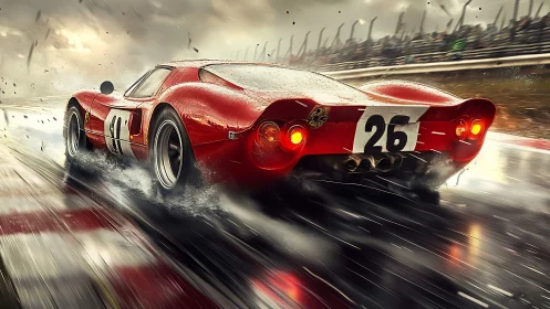 Red vintage race car powers through wet circuit in storm.