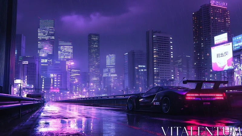 Neon supercar cuts through rain-soaked cyberpunk skyline
