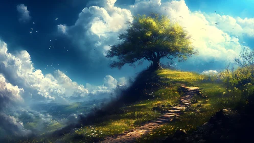 Lonely tree on hilltop path under bright dramatic clouds.