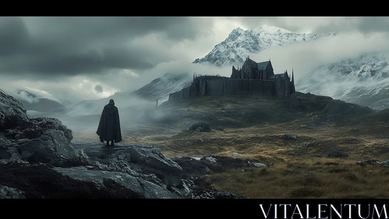 Solitary cloaked figure surveying fortress in misty alpine valley