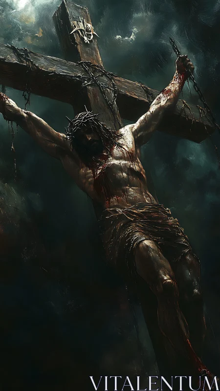 Crucified male figure on wooden cross in stormy atmosphere.