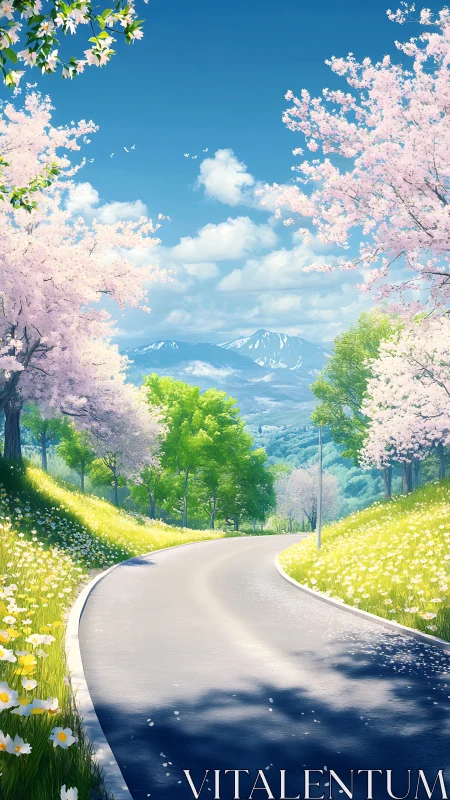 Curved mountain road passes through spring cherry blossom valley