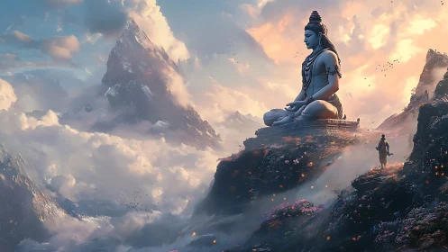 Mountain deity statue overlooks misty valley at sunrise.