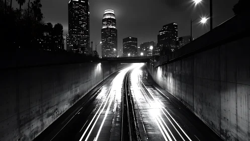 Long exposure freeway traffic cuts through city at night