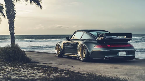 Turbo coupe idles by the surf, sunset paint on steel.