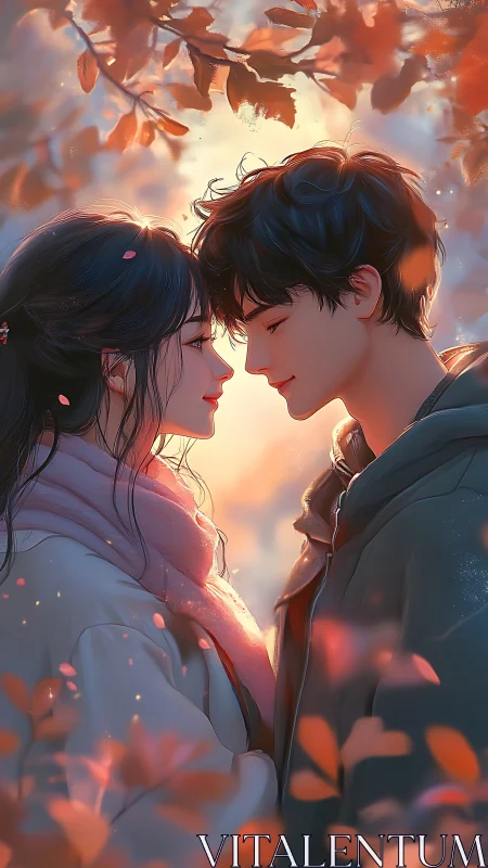 Two figures face each other under autumn foliage at golden sunset