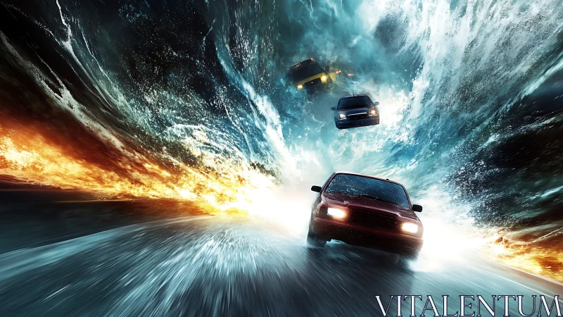 Cars race through apocalyptic water vortex and firestorm.