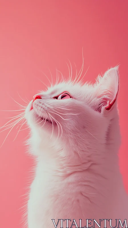 White cat gazing upward against solid pink background