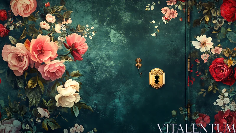 Secret garden door blooms around a golden keyhole portal.