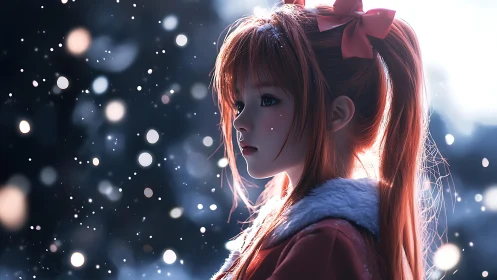 Winter sparkle surrounds a red haired girl in gentle snow