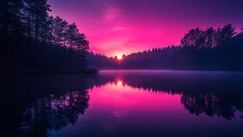 Chromatic twilight over misted conifer lake horizon symmetry.