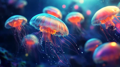 Luminous jellyfish swarm in neon blue underwater dreamscape.