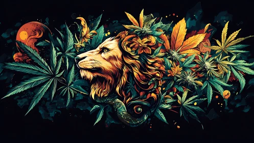 Lion head entwined with neon foliage on deep black field.