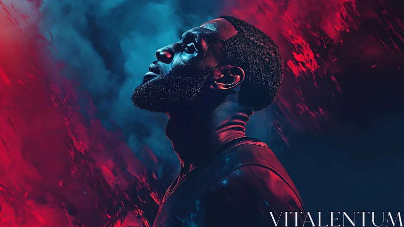 Male athlete profile illuminated by contrasting red and blue light