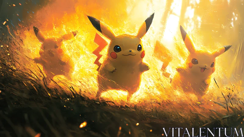 Digital rendering of three Pikachu specimens amid apocalyptic inferno with volumetric light effects