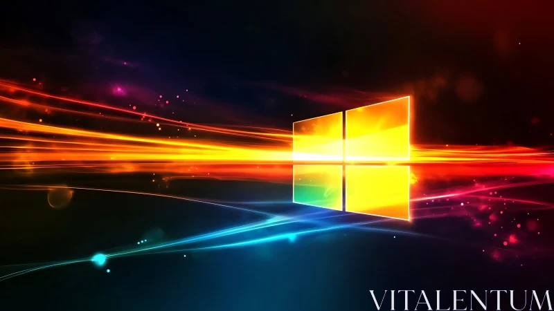 Windows logo with neon light trails on dark gradient background.