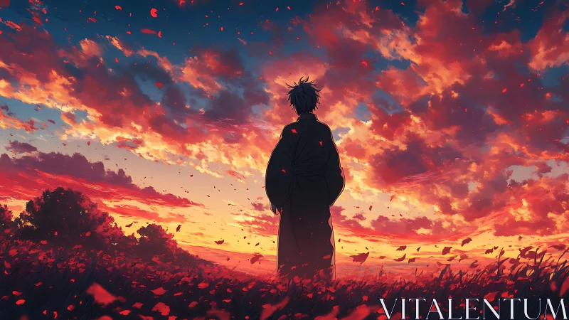 Solitary dreamer pauses in a glowing sunset field of petals