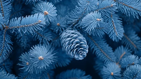 Frosted pine cone in monochromatic blue conifer macro study