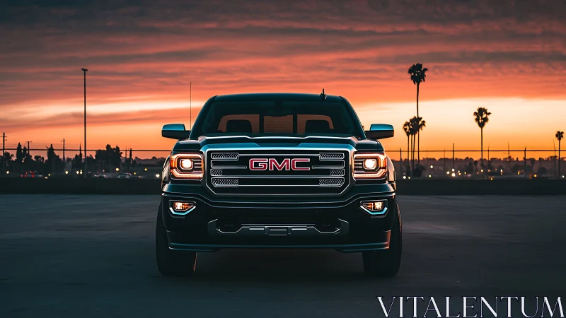 GMC pickup truck stands bold against vivid sunset skyline