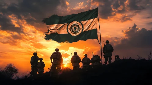 Indian soldiers silhouette under dramatic sunset flag
