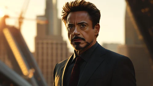 Sunlit city portrait captures determined suited man at dusk