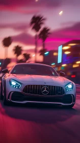 Mercedes sports car surges through neon sunset boulevard at speed.