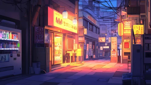 Neon lit Japanese alleyway with vending machines at dusk