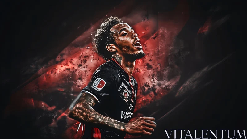 Dynamic digital portrait of soccer player in red smoke art