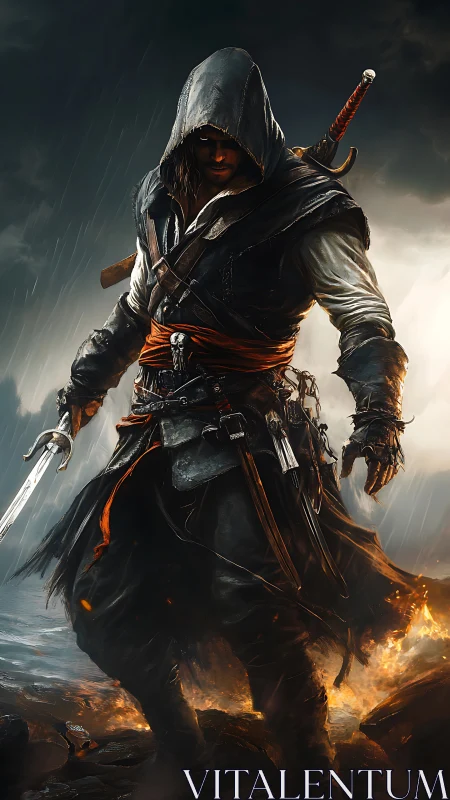Hooded swordsman on rocky coast in storm-lit digital scene.