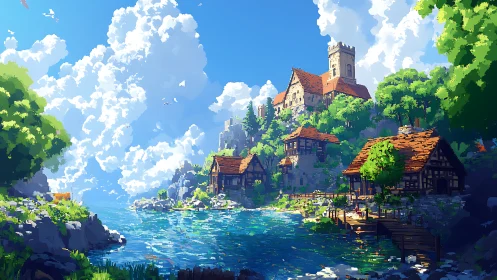 Fantasy village by water with castle tower and timber architecture.