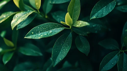 Rain-kissed green leaves glow softly against deep shadows