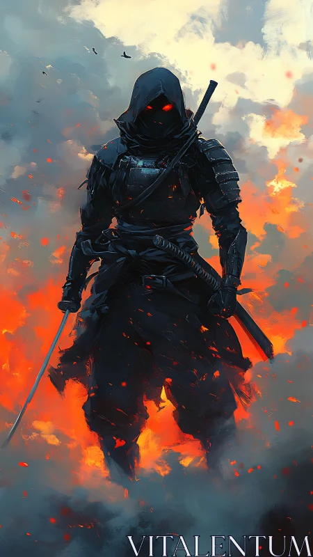 Hooded armored swordsman standing in firelit smoke field.