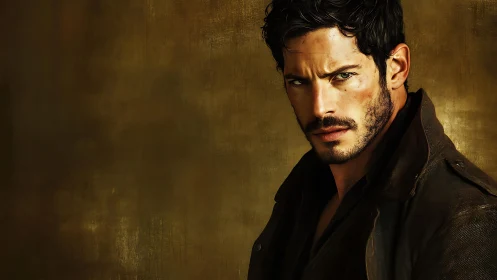 Moody male portrait with cinematic golden chiaroscuro lighting.